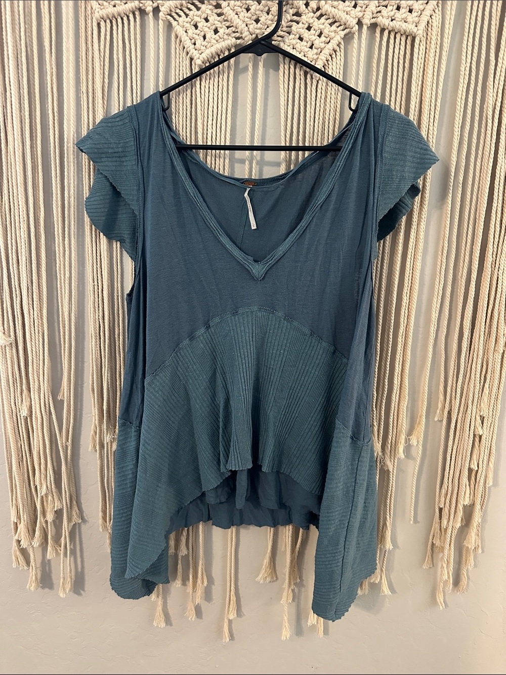 Free People Teal Layered V-Neck Flutter Sleeve Tunic